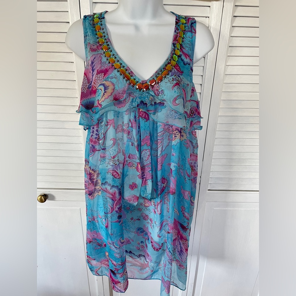 California Breeze Beaded Collar Sheer Top Swimsuit Cover Size Medium NEW